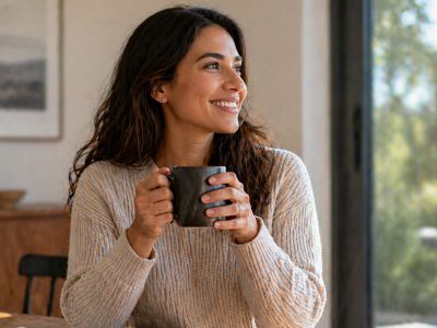 A smiling woman looking clearly out a window while holding a mug, representing the freedom and comfort of clear vision without glasses.