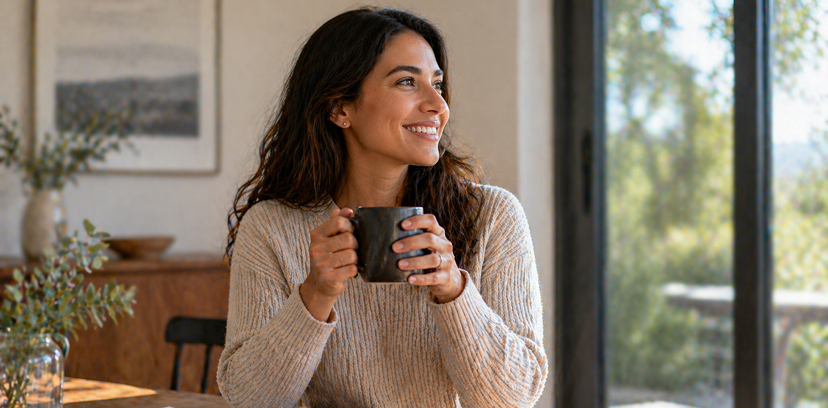 A smiling woman looking clearly out a window while holding a mug, representing the freedom and comfort of clear vision without glasses.