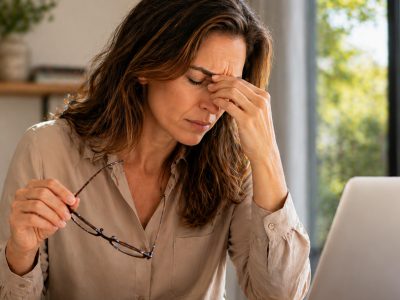A middle-aged woman sitting at a laptop, holding her glasses and rubbing the bridge of her nose to relieve eye strain.