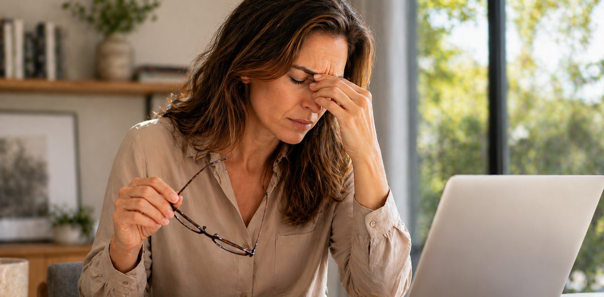 A middle-aged woman sitting at a laptop, holding her glasses and rubbing the bridge of her nose to relieve eye strain.